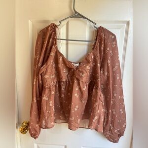 Altar’d State Light Brown Floral Blouse Size XL Cottagecore Boho Ruffle